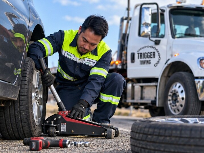 Trigger Towing Staffs doing tire change Calgary 01