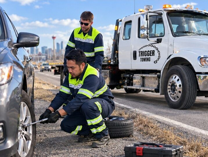 Trigger Towing Staffs doing tire change Calgary